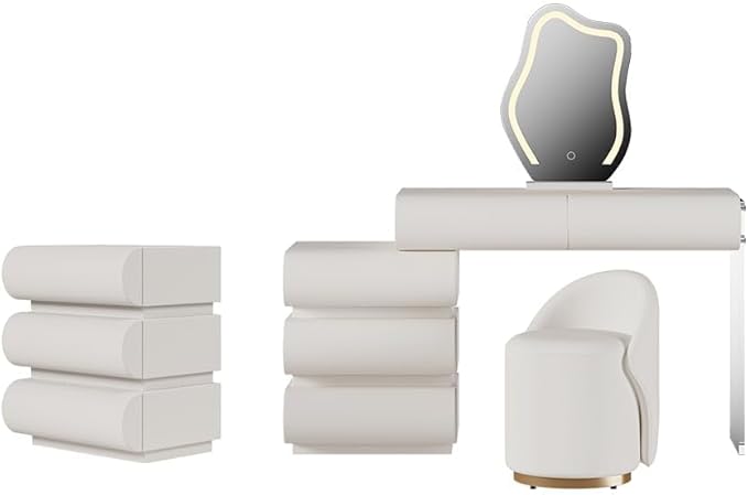homary White 2-Piece Makeup Vanity & Smart Nightstand Set, Modern Vanity Table