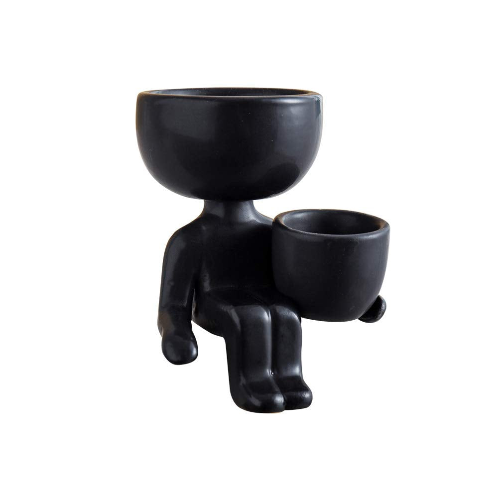 DIYOMR Humanoid Ceramic Flower Pot Succulent Cactus Bonsai Planter Pots Container, Ceramic Crafts Vase Home Office Decoration Desk Window Sill Decor,Not Include Plants (Black-B)