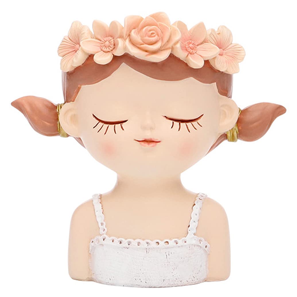 4.35" Cute Head Planter Resin Succulent Pot - Little Girl Flower Container, Human Face Cactus Plants Bonsai Holder, Thumb Fairy Figurine Statue With Drainage - Decor Gift