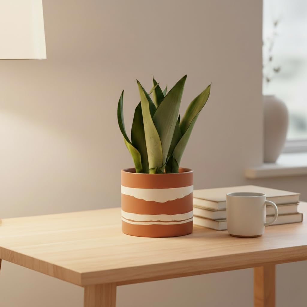Nihow Modern Ceramic Plant Pot - 5 + 7 Inch Flower Pot for All Indoor Plants - Sturdy Planter Pots with Drainage Hole & Rubber Plugs - Semi-Matte Terracotta & Nature - Plants Not Included