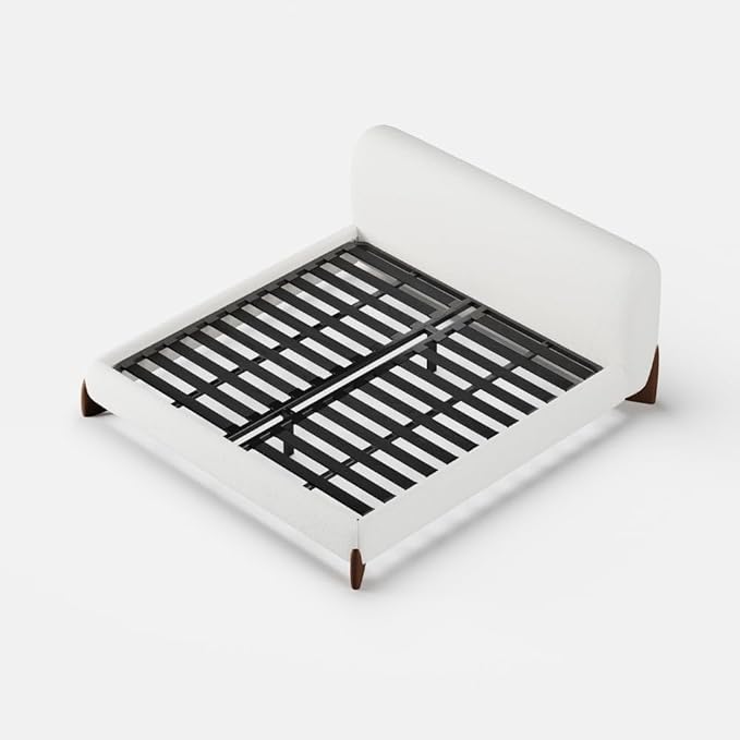 homary Curva Modern White Boucle King Size Platform Bed Set & Bedroom Bench