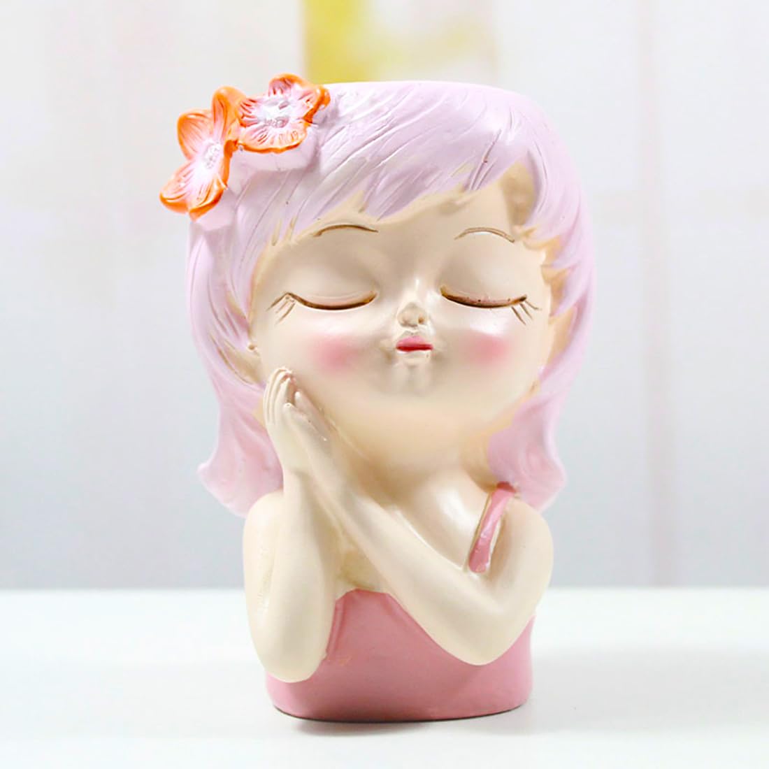 Cute Head Planter Pot Resin Succulent Planter Little Girl Flower Pot, Human Face Cactus Plants Container Bonsai Holder Thumb Pot Fairy Figurine Statue Planters with Drainage Decor Gift (Pink)