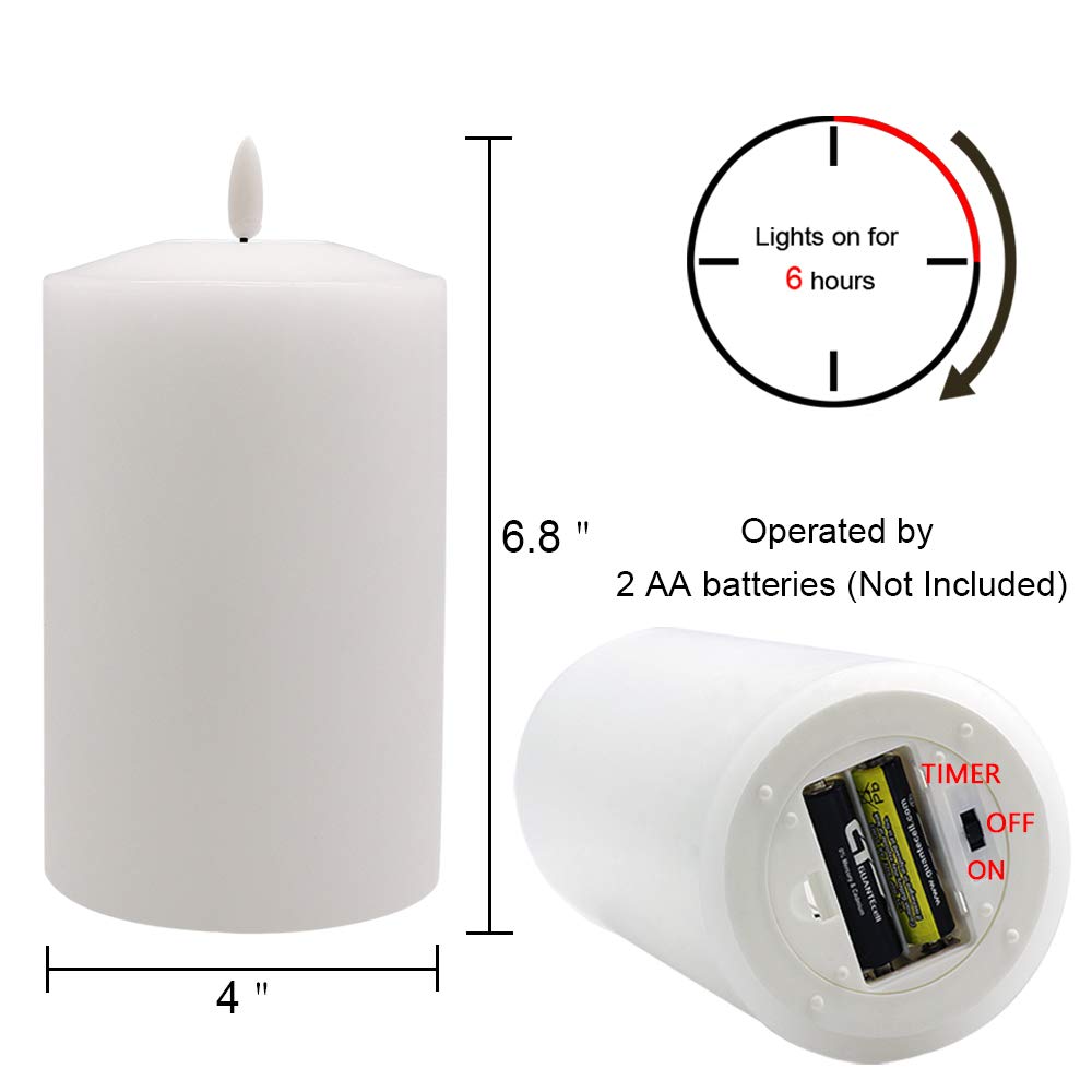 GenSwin 4” x 6.5” Flameless Flickering LED Candles Battery Operated with 6H Timer, Warm Light Real Wax Pillar Votive 3D Wick Candles, Perfect for Party/Wedding/Home Decor(White)