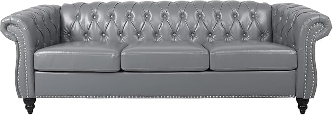Mid-Century 3 Seater Sofa, Faux Leather Couch