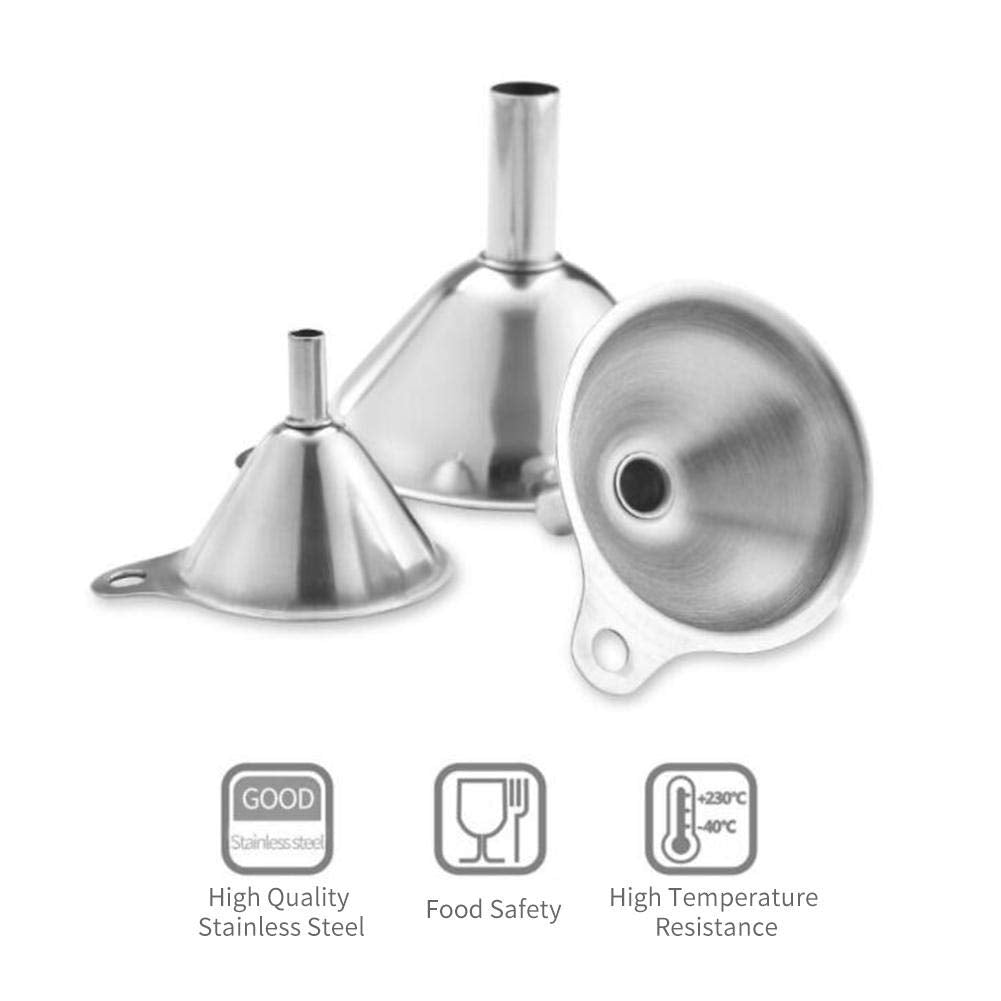 3 in 1 Metal Funnels for Filling Bottles Stainless Steel Small Kitchen Funnel Set for Transferring Essential Oils Liquid Fluid Spice Dry Ingredients Powder,Durable (Short-Handled Funnel)