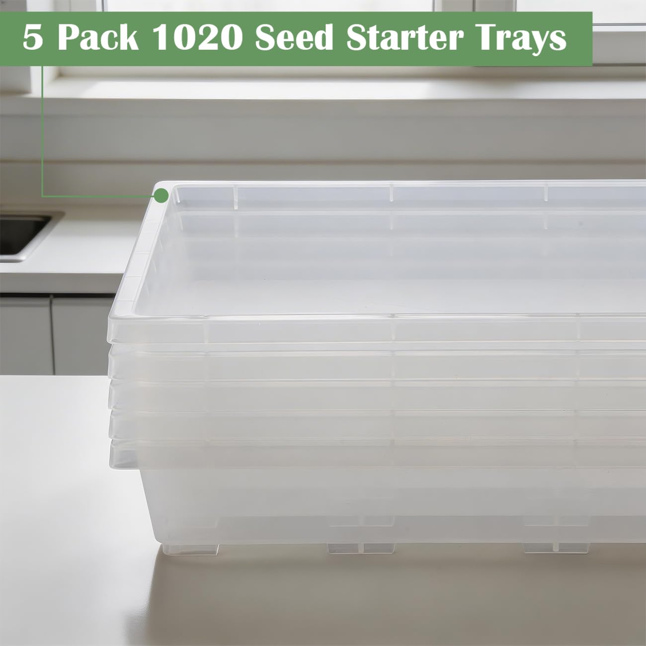 RooTrimmer 1020 Nursery Pot Trays 5 Pack, Transparent Plastic Flat Seed Starter Tray, Durable Square Seedling Starting Tray for Holding and Carrying Plant Pots (Clear)