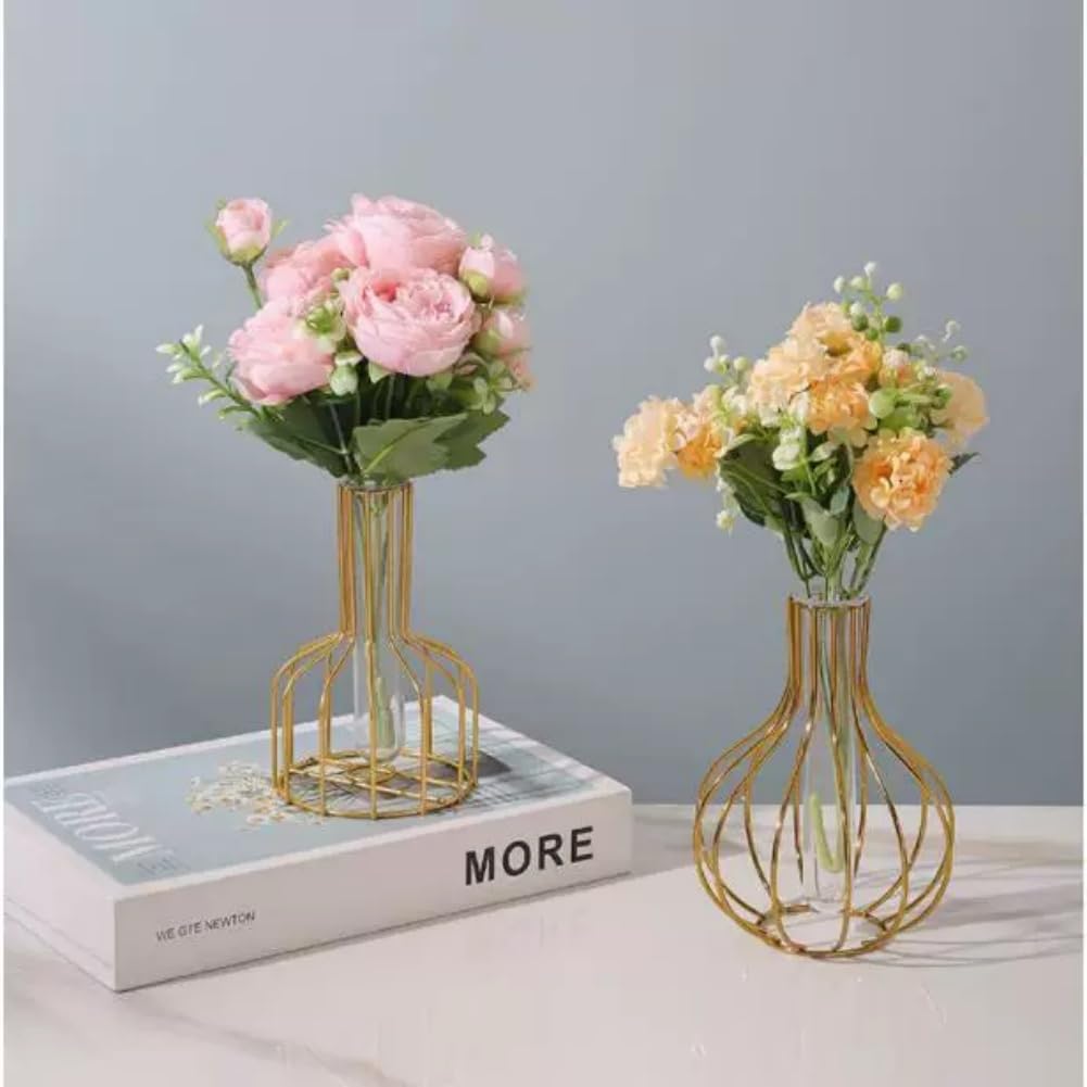 Table Flower Vases,Gold Geometric Metal Frame Clear Glass Tube Bud Vase Hydroponic Plants,Bulb-Shaped Design,Gold Vase Decorative for Fridge,Window,Home,Party(gold 10)