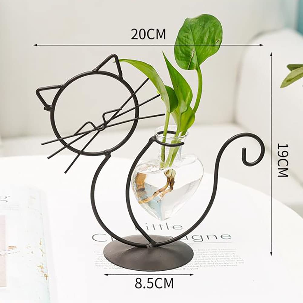 Lifeuping Desktop Heart Glass Planter Vase Holder, Cat Plant Metal Stand Cat Gifts for Hydroponics Plants Terrarium Home Garden Decor Outdoor Planter Ideas Cat Lovers