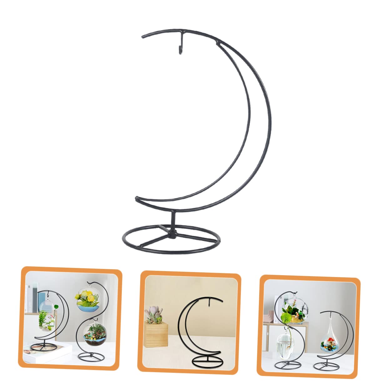 Zerodeko Moon Shaped Iron Ornament Display Stand with Hanging Glass Globe Holder Creative Plant and Terrarium Hanger for Balcony Home Office Decoration Suitable for Air Plants and Flower