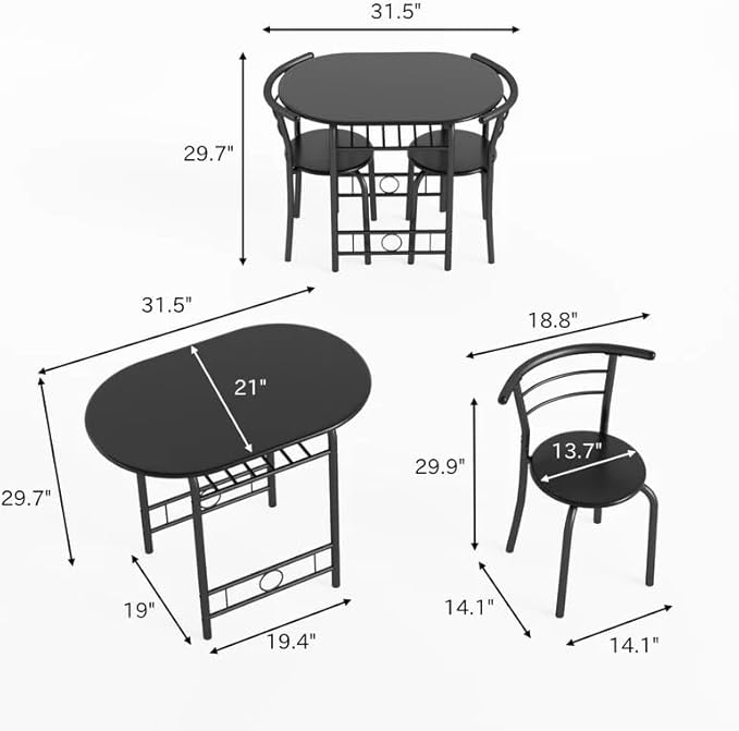 Shahoo 3-Piece Wooden Dining Table Set, Kitchen Breakfast Nook Sets