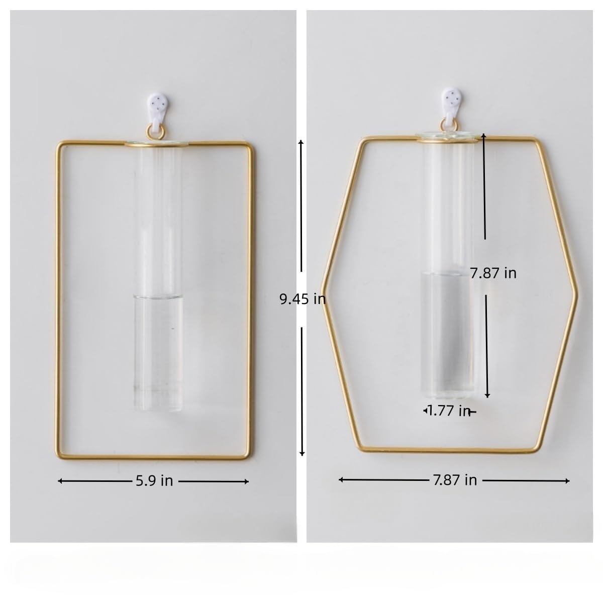 yaocoral 2 Pack Nordic Wall Vase Hanging Geometric Gold Flower Vase Wall Mount Metal Frame Vases Hydroponic Glass Bud Vase Decor for Home Wedding Farmhouse