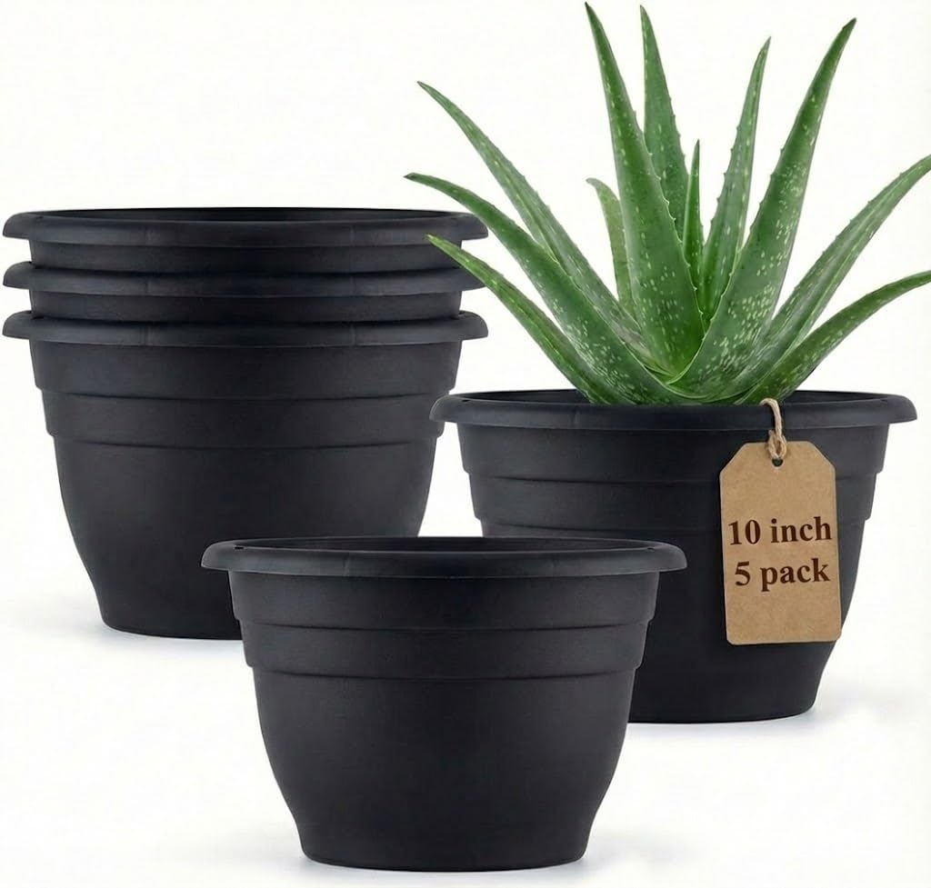 RooTrimmer 5 Pack 10 Inch Plant Pots Plastic Planters with Drainage Holes & Plugs,Lightweight Flower Pots for Indoor Outdoor Plants,Flowers,Monstera,Snake Plant,Home Garden(Black)
