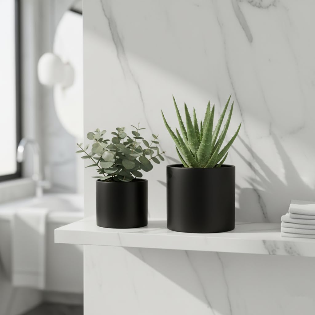 Nihow Flower Pot - 5 & 7 Inch Ceramic Planter Pots for Indoor Plants - Herbs/Snake/Succulent/Orchid Cylinder Plant Pot - Matte Black (Set of 2) - Plants not Included