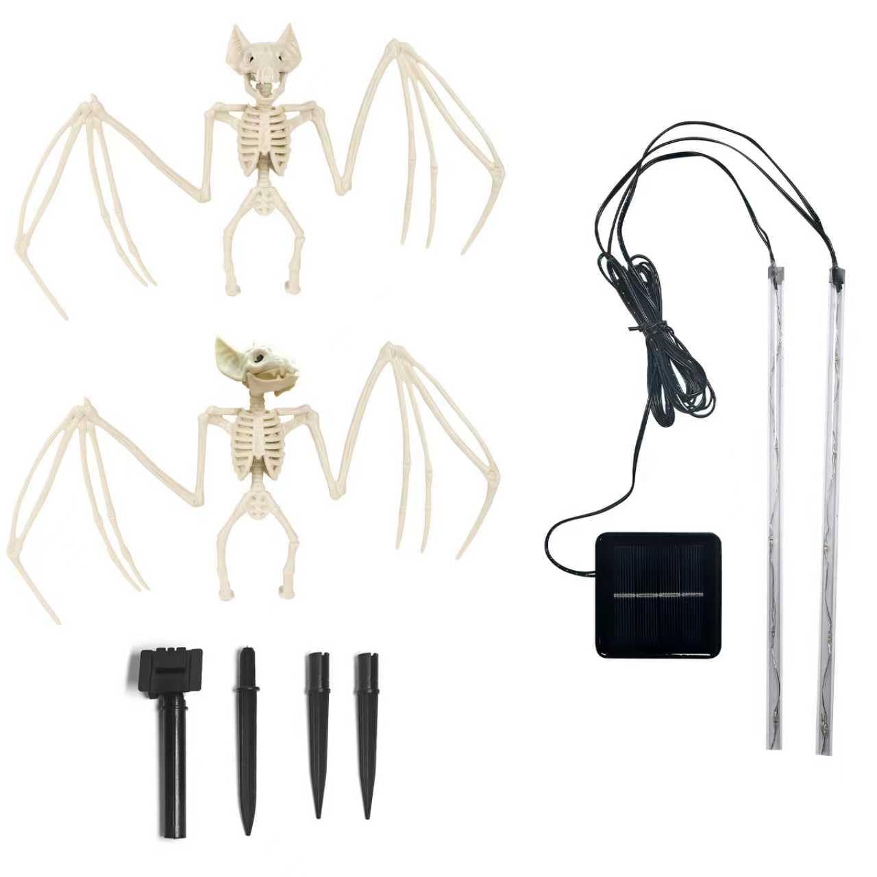 Solar Halloween Decorations Outdoor - 2 Pack 3D Scary Bat & Skeleton Lights, Waterproof LED Solar Garden Lights for Pathway, Lawn, Yard, Patio - Spooky Purple Lighting for Outdoor Holiday Decor