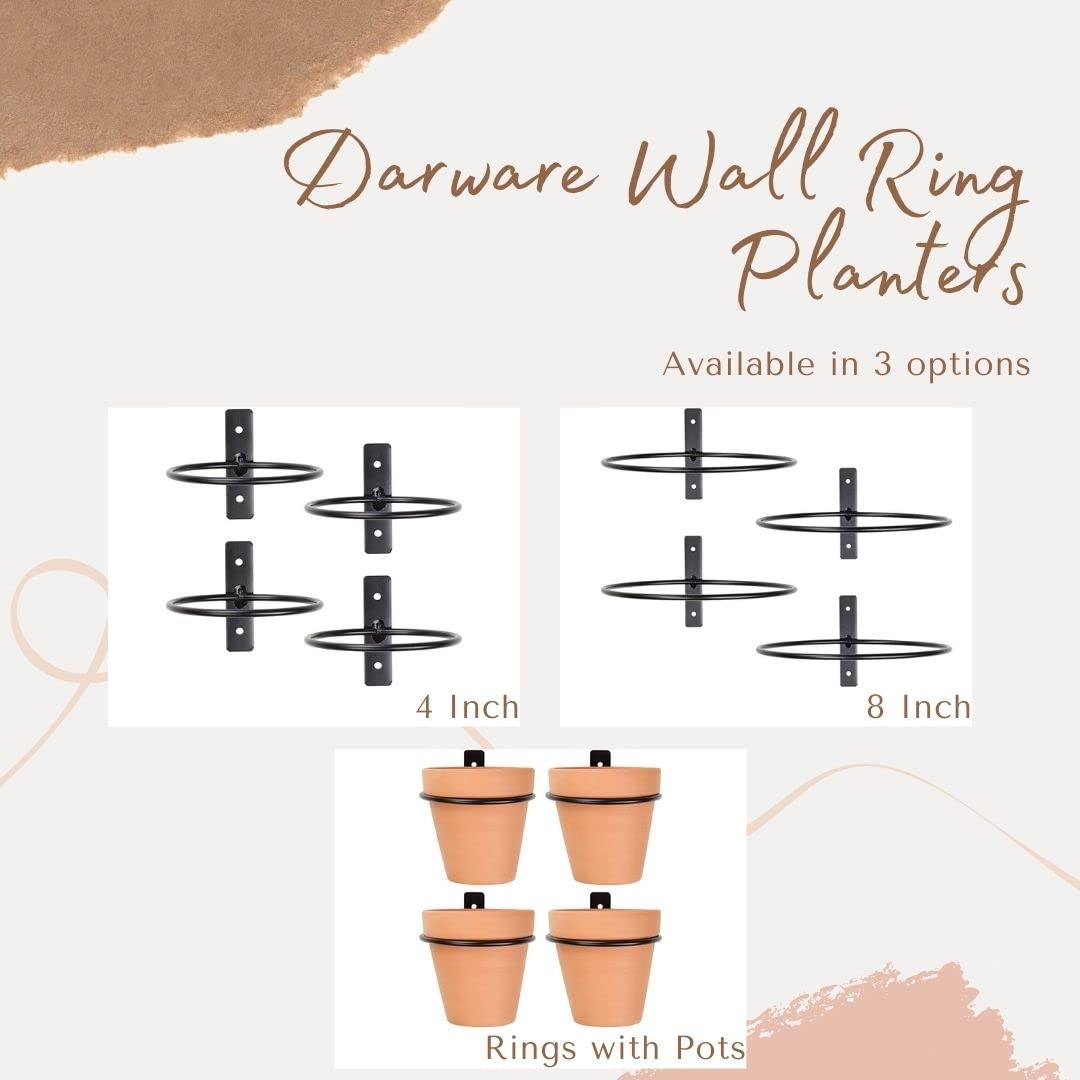 Darware Metal Wall Ring Planters with Pots (4-Pack, 8-Piece Set); Wall Mounted Clay Pots with Holders for Plants and Flowers