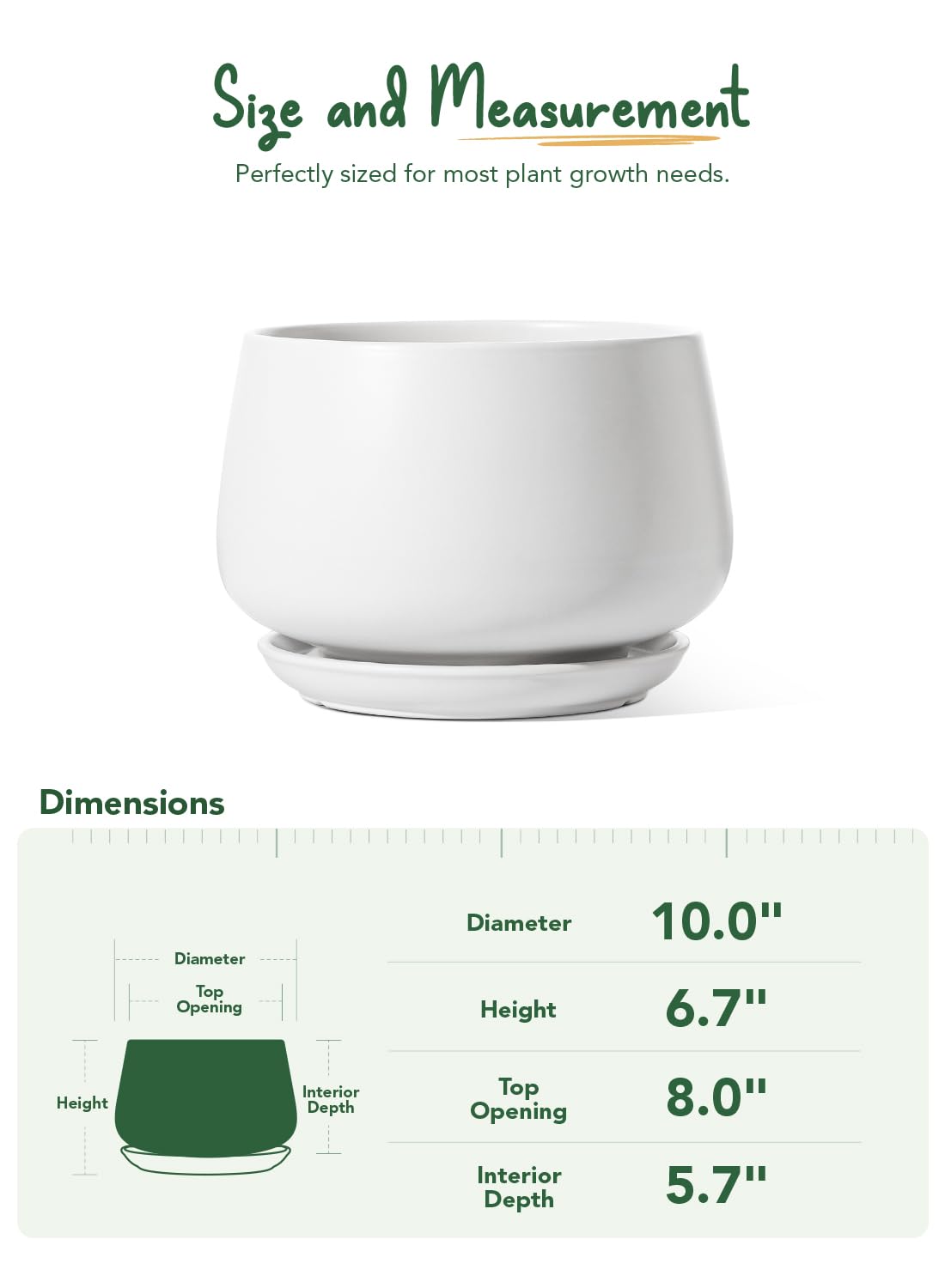 LE TAUCI Ceramic Planter, 10 Inch Plant Pot with Drainage Hole & Saucer – Durable Indoor Planter for Modern Home Decor, White