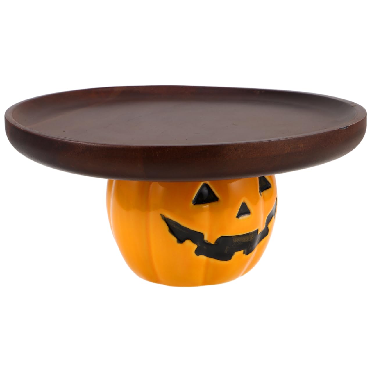 STOBAZA Halloween Pumpkin Serving Tray Rustic Wooden Dessert Platter with Ceramic Stand for Party Snacks Bread Candy Display 8.46X8.46X3.94 Inches