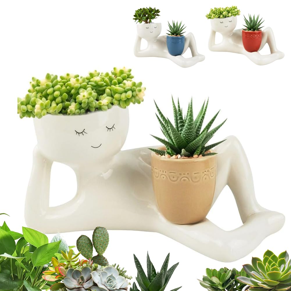 Lazy Guy Planter, Lazy Little Character Flowerpot, Relaxing Person Holding Pot Planter, Funny Plant Pots Unique Shape Pot for Succulents Cactus with Drainage Hole for Home Garden Decor (Yellow)