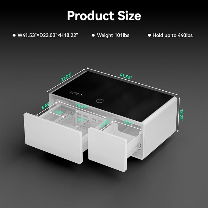 Smart Coffee Table with Fridge and Bluetooth, Smart Living Room Table with Frozen Drawers, Dual Speakers, 15W Wireless Charger, Touch Control, USB Ports, Atmosphere Light, LT90 Ultra-White