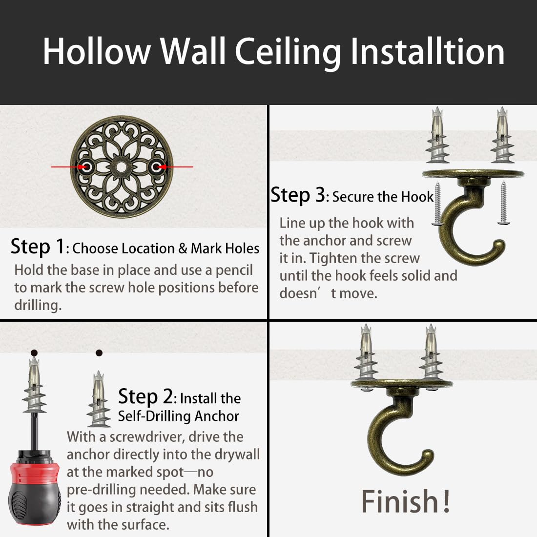Evsteluo Heavy Duty Ceiling & Wall Hook for Hanging Plants – Holds Up to 50 lbs – – Includes All Mounting Hardware for Drywall, Wood, Cement (2, Antique Brass)