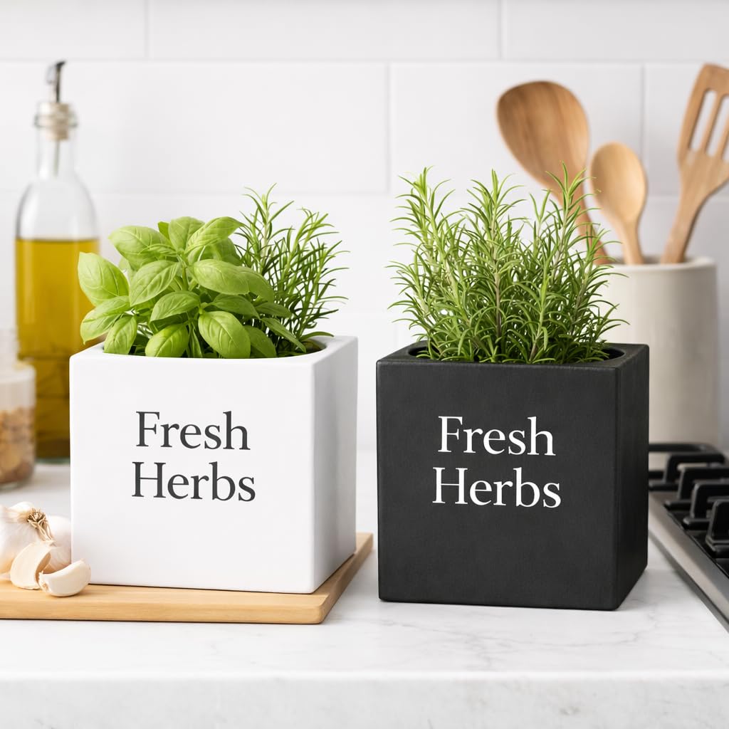 Fresh Herbs Planter Set of 2 (White & Black), 3.94'' Square Indoor Herb Pots for Kitchen Countertop, Modern Minimal Planters for Home Décor