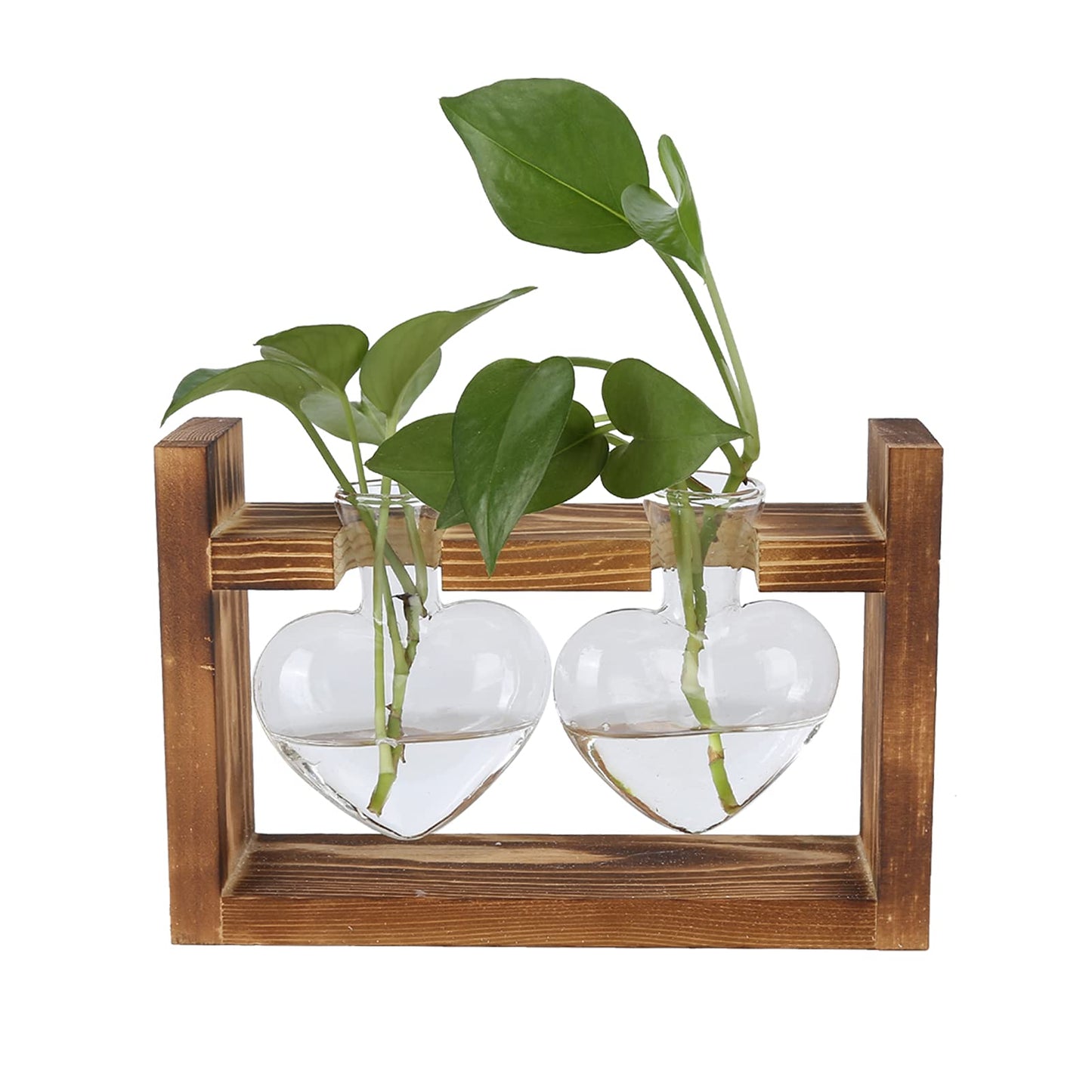 Flower Vase, Glass Desktop Planter Plant Terrarium Kit Desktop Propagation Station Glass Flower Vase with Wooden Holder for Wedding Decoration (Retro Frame + 3 Heart Bottle)