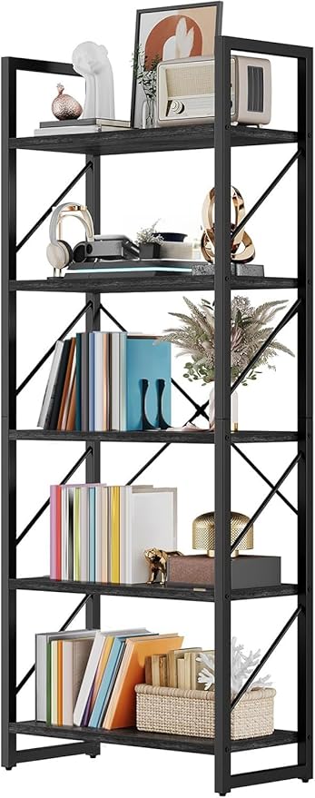 DWVO 5 Tier Bookshelf, Industrial Bookshelves Open Shelf Bookcase, Storage