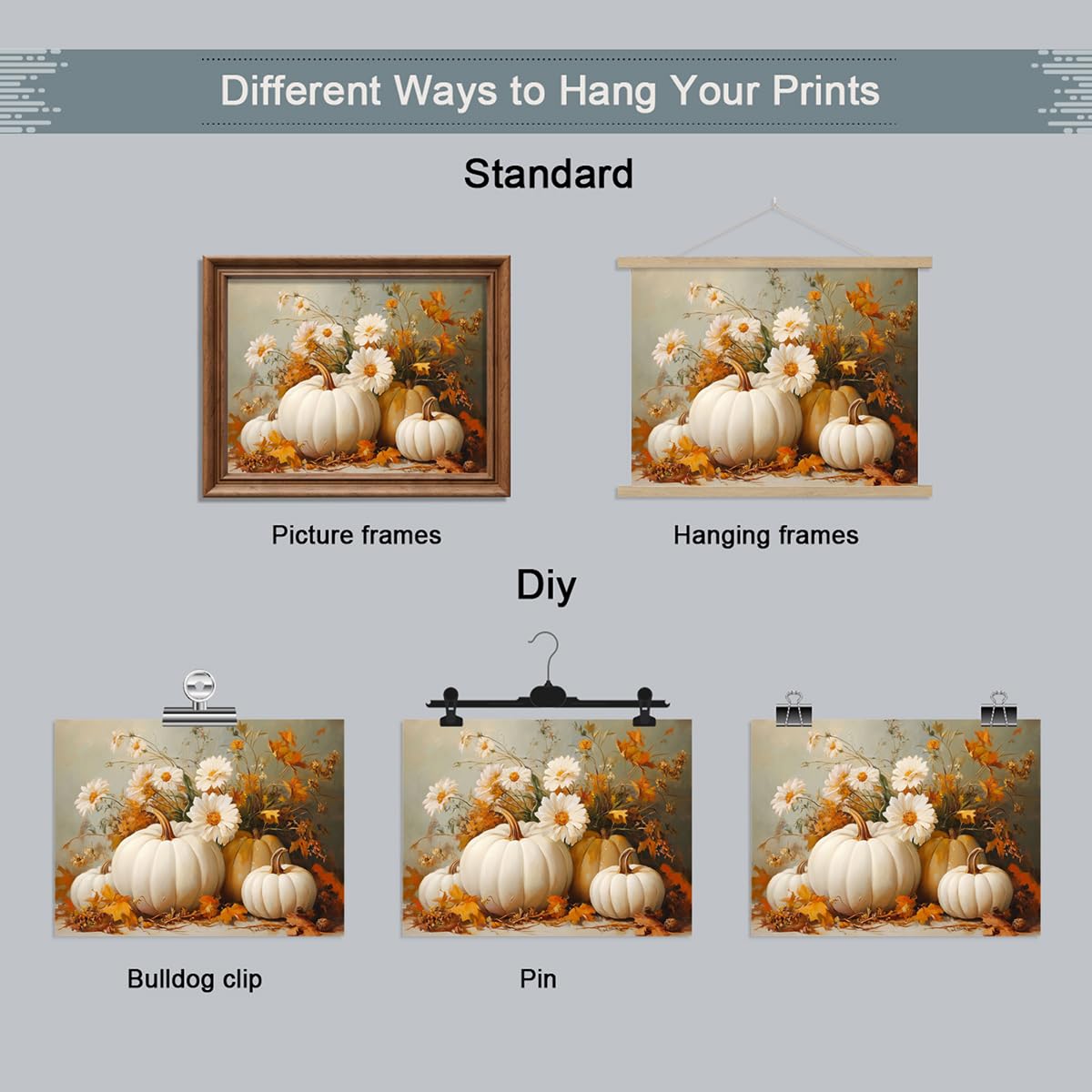 Farmhouse Autumn Pumpkin Canvas Wall Art, White Orange Pumpkins Still Life Painting Pictures, Rustic Farm Fall Daisy Flower Posters, Halloween Thanksgiving Autumn Wall Print Decor 16x24in Unframed