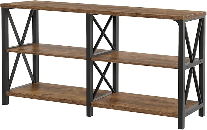 LVB Wood Console Table, Rustic 3 Tier Sofa Table Behind Couch, Industrial Metal