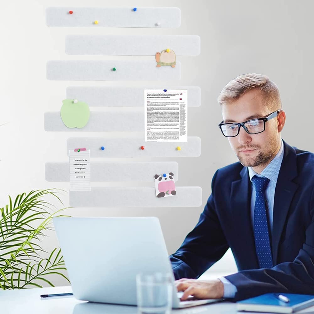 Vuzvuv 8Pcs White Cork Board Bar Strips with 50 Pushpins & Sticky Notes, Self-Adhesive Bulletin Board Strips No Damage for Wall, Felt Pin Board for Paste Notes, Photos, Schedules Office Decor