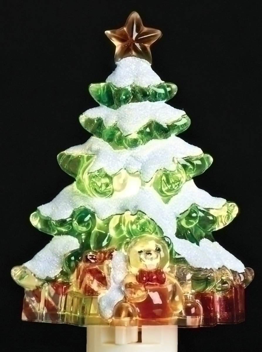 Roman Snow Covered Christmas Tree 5 Inch Acrylic Swivel Plug-in Bubble Night Light