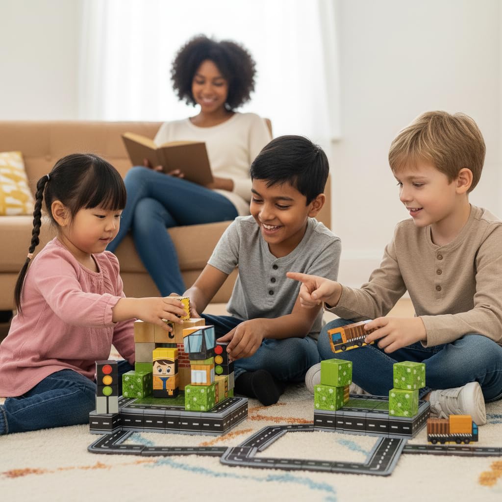 uMadeUs Magnetic Blocks for Kids Ages 4-8 ā 100 Pc Construction Toys for Kids with Trucks & Cranes ā 3D Pixel Cubes, STEM Building Toys for Boys & Girls Ages 3-12