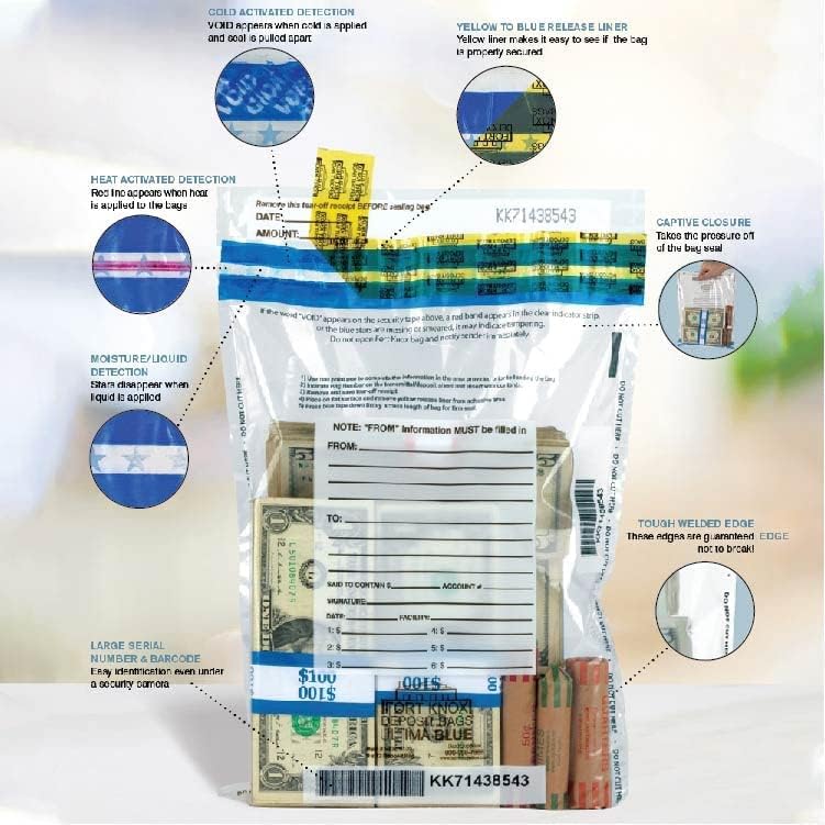 BankSupplies Ultima Blue Clear Deposit Bags | 9W x 12H | Pack of 500 | Transit, Transfer, Valuables | Tamper Evident Tape | Captive Flap Closure | Security Deposit Bag