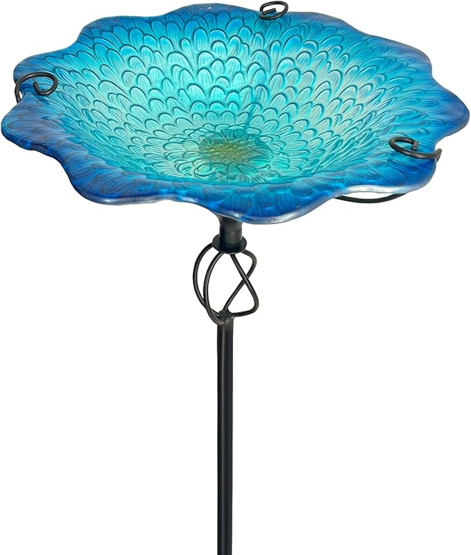 HONGLAND Bird Baths for Outside,11" Small Blue Glass Birdbaths Outdoor,Detachable Bird Feeder with Metal Stake for Garden Yard Patio Decor,30" Height