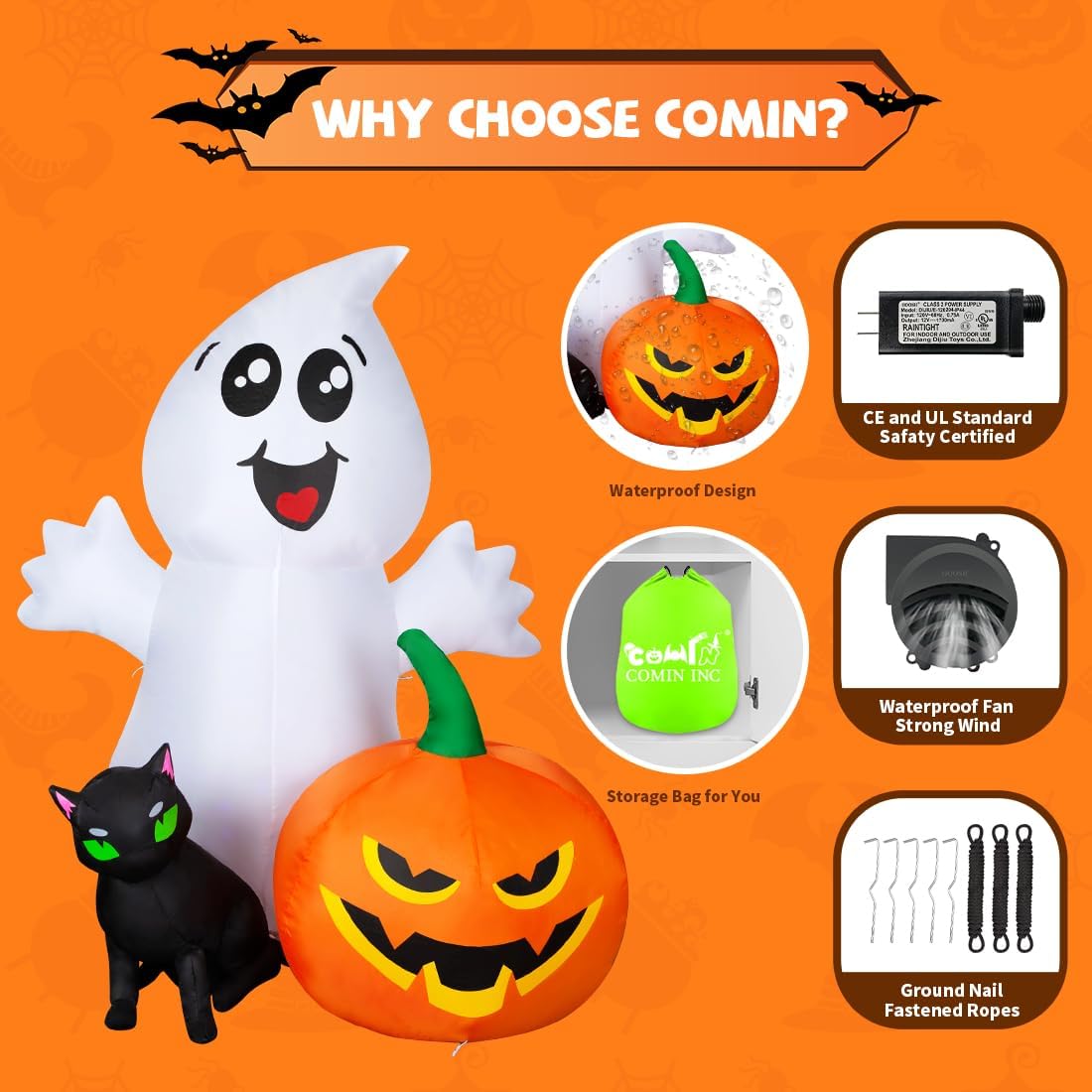 COMIN Halloween Inflatable 5FT Ghost with Black Cat and Pumpkin, Built-in LEDs Blow Up Yard Decoration for Party Outdoor Yard Garden Lawn