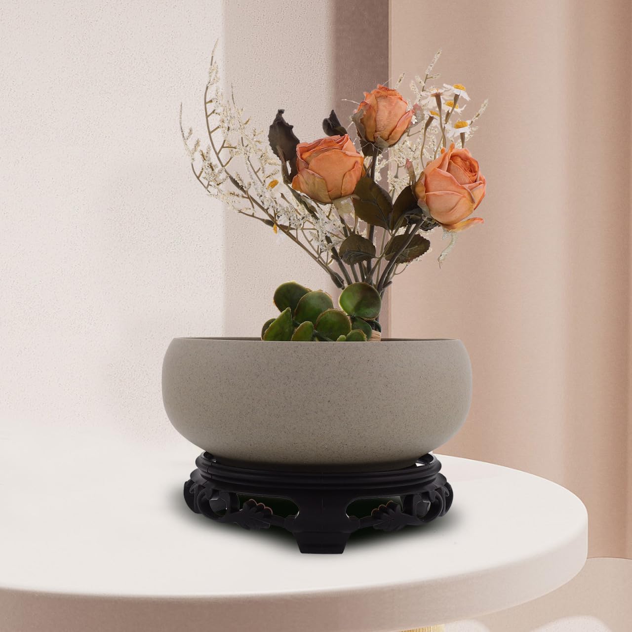 Ceramic Bowl, Hydroponic Planter Water Lily Bowl with Stand Ceramic Lotus Planter for Lotus Flowers Decorative Garden Flower Pot Container