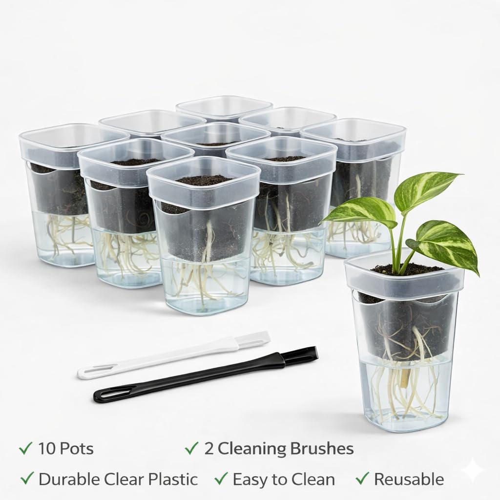 TNDCKP Mini Self Watering Pots 2.5” (10 Pack), Clear Double-Layer Planters with Anti-Root Rot Design, Continuous Watering System, Includes Cleaning Brush for Indoor Plants, Office & Travel