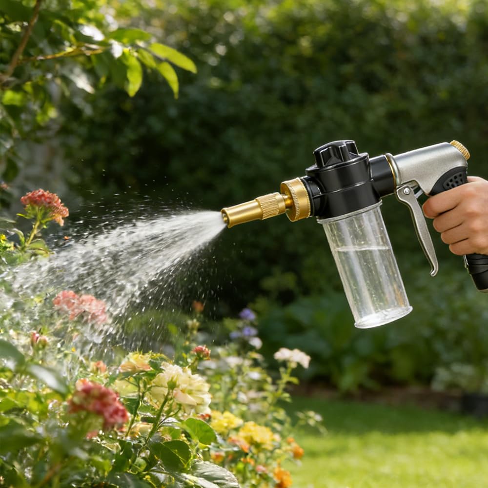 High-Pressure Hose Nozzle Gun with 100cc Soap Dispenser, Metal Car Wash Sprayer for Car Cleaning, Solar Panel/Wall/Window Washing & Garden Watering (Foam Gun A)