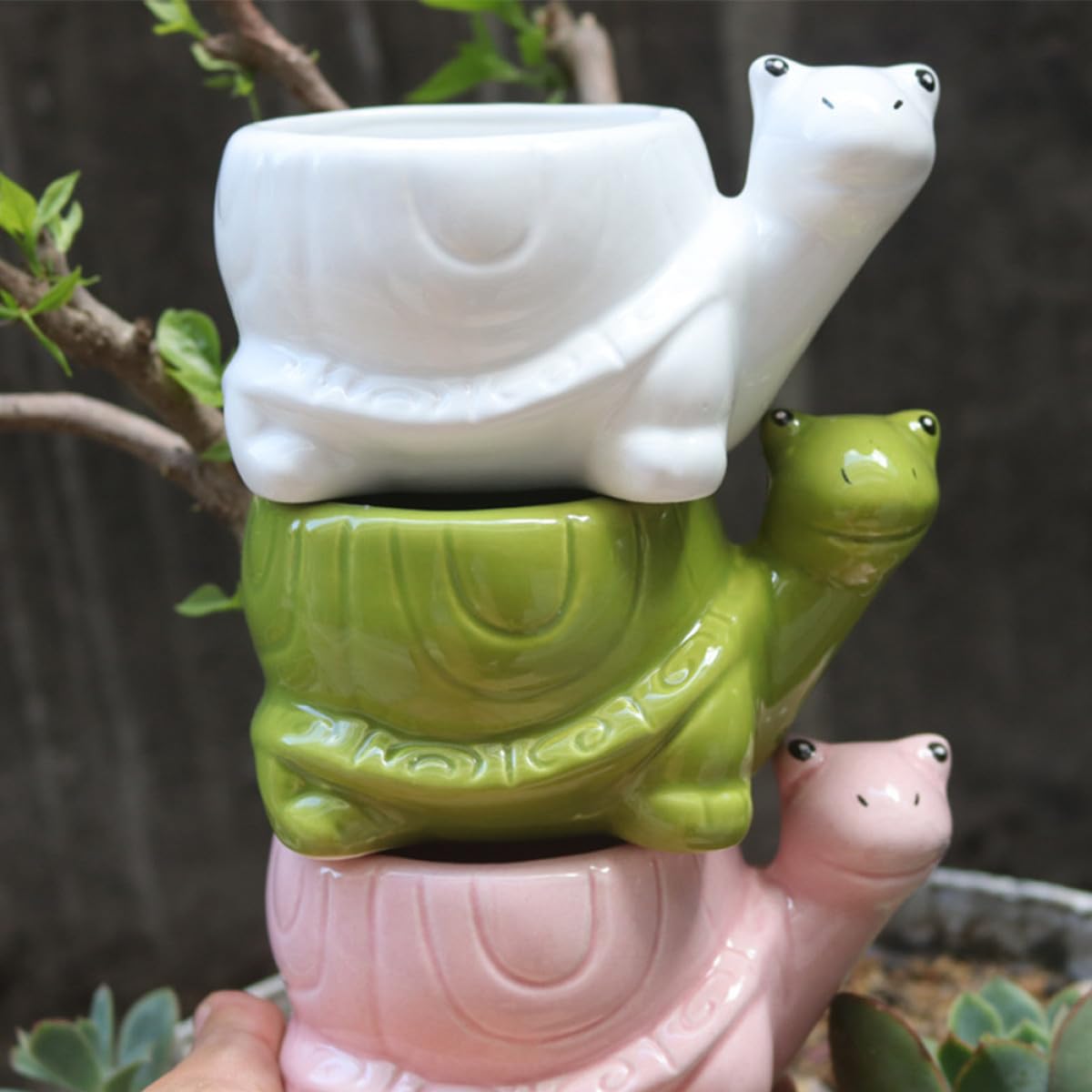 SEWACC Cute Cartoon Turtle Ceramic Flower Pot Succulent Planter for Indoor and Outdoor Plants White Small Decorative Garden Plant Container