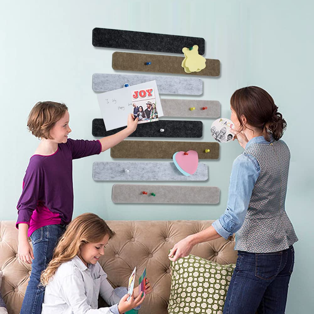 Vuzvuv 8 pcs Bulletin Board Bar Strips with 50 Pushpins & 10 Wooden Clip pins,Self Adhesive Cork Board for Wall,Felt Pin Board for School,Office Decor(Black Brown Gray)