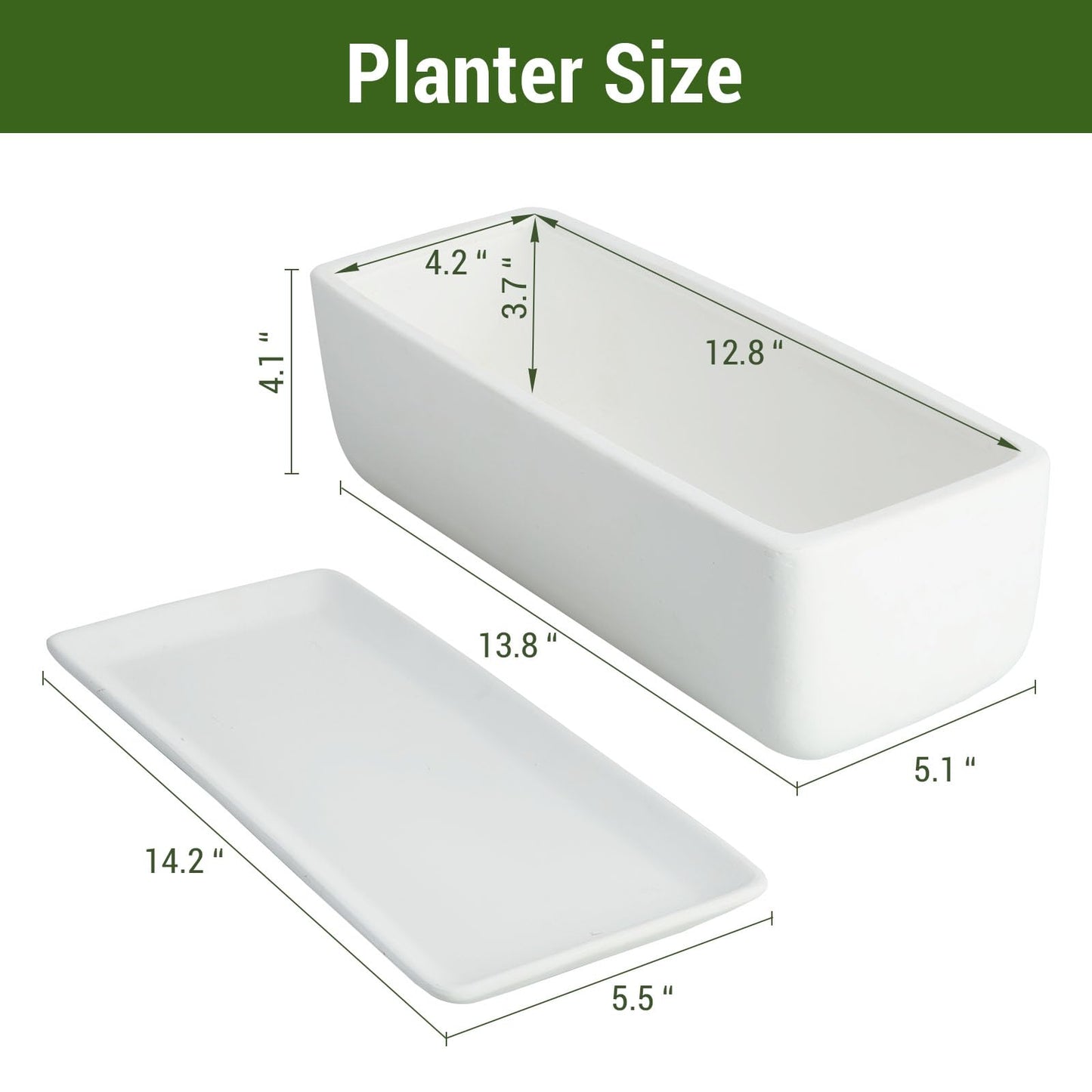 MyGift 14 Inch Ceramic Indoor Plant Pot with Drainage Hole, Rectangular Succulent Planter Window Box with Removable Saucer, Unglazed White