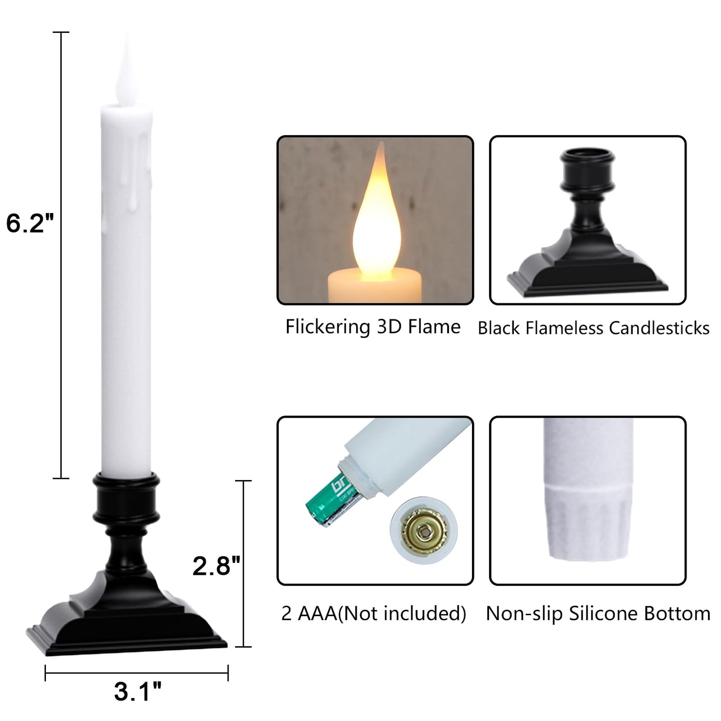 GenSwin Taper Flameless Candles Flickering with 2 Remote Controls and Timer, Battery Operated Led Warm 3D Wick Light Window Candles Real Wax Pack of 8, Christmas Home Decor(White, 0.78 X 9.64 Inch)