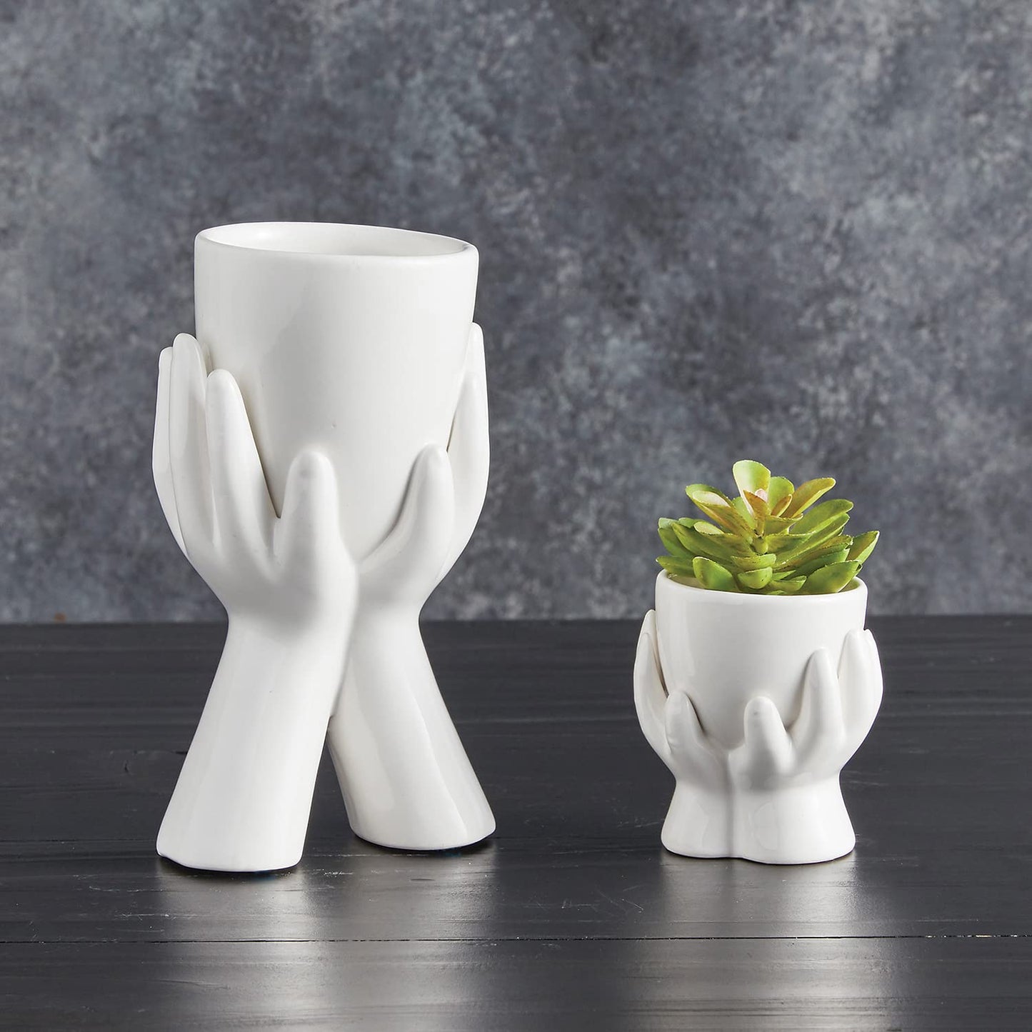 47th & Main Sleek & Contemporary Shaped White Ceramic Planter Flower Pot for Succulents Small Plants and More, Small, Hands