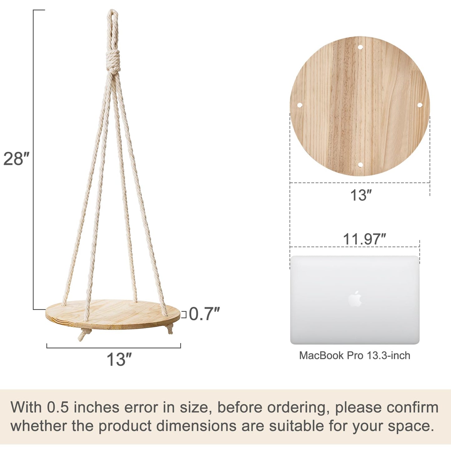 Dahey Hanging Plant Shelf Round Wood Rope Hanging Floating Shelf Boho Home Decor Display Planter Rack for Living Room Bedroom Kitchen Room,Nature