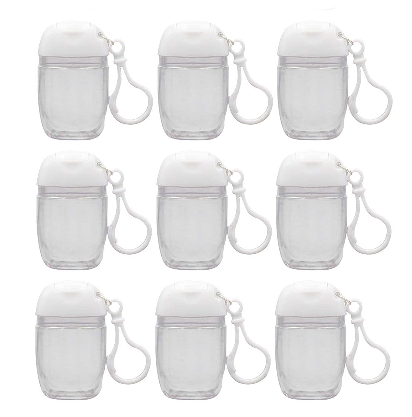 Healthcom 10 Pcs 1Oz 30ml Clear Empty Bottles Hand Sanitizer Travel Holder Hook Keychain Carriers White Flip Cap Reusable Portable Empty Bottle Refillable Cosmetic Container for Liquid Lotions Creams