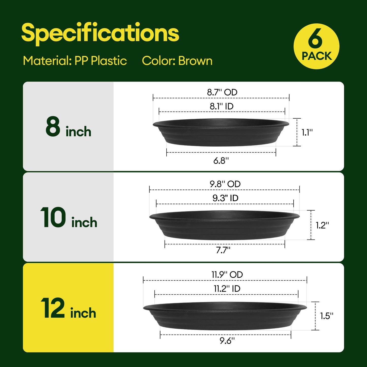 VIVOSUN 5-Pack 3 Gallon Heavy Duty Thickened Nonwoven Fabric Pots and 6 Pack Plant Saucer, 8 10 12 inch Plant Saucers for Indoor, Heavy Duty Plastic Plant Trays for pots, Grow Bags