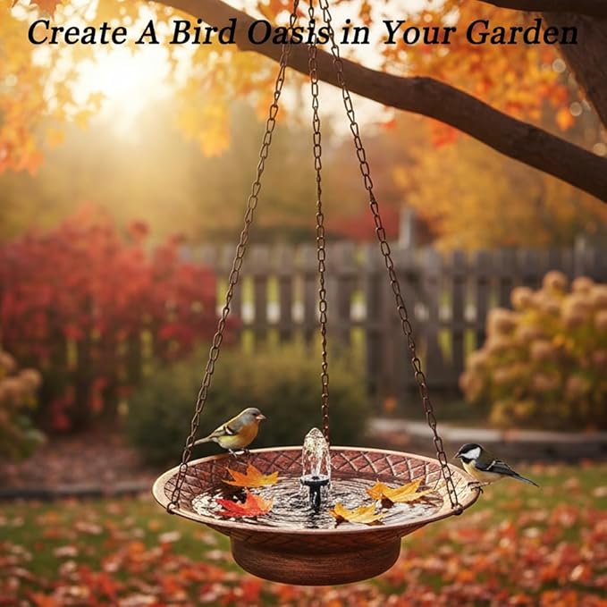 12.6" Hanging Solar Bird Bath, Birdbath Fountain Solar Power, Metal Bird Bath for Outside Hanging, Hanging Bird Fountain for Garden, Patio, Lawn Decor, Bronze