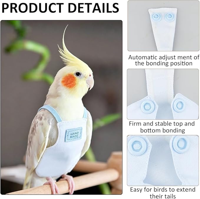 SUPERFINDINGS Snap Closure Parrot Diaper Harness Washable Bird Flight Suit 4.13x2.24x0.35Inch with Adjustable Leash Reusable Leak-Proof Bird Diaper for Small Parrots Cockatiel Travel Training,