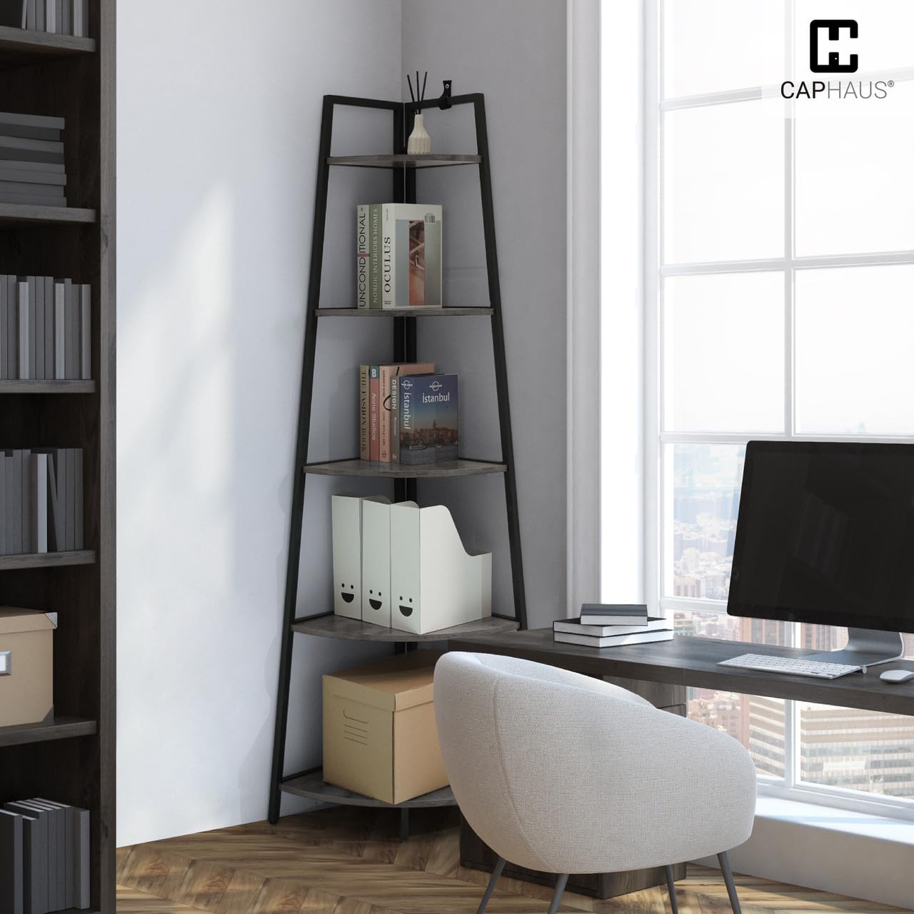 CAPHAUS Tall Corner Shelf Stand, 5-Tier Display Shelves, Ladder Corner Wood Storage Plant Bookshelf with Metal Frame, Versatile Shelving Unit Bookcase for Home Office Space, Dark Grey