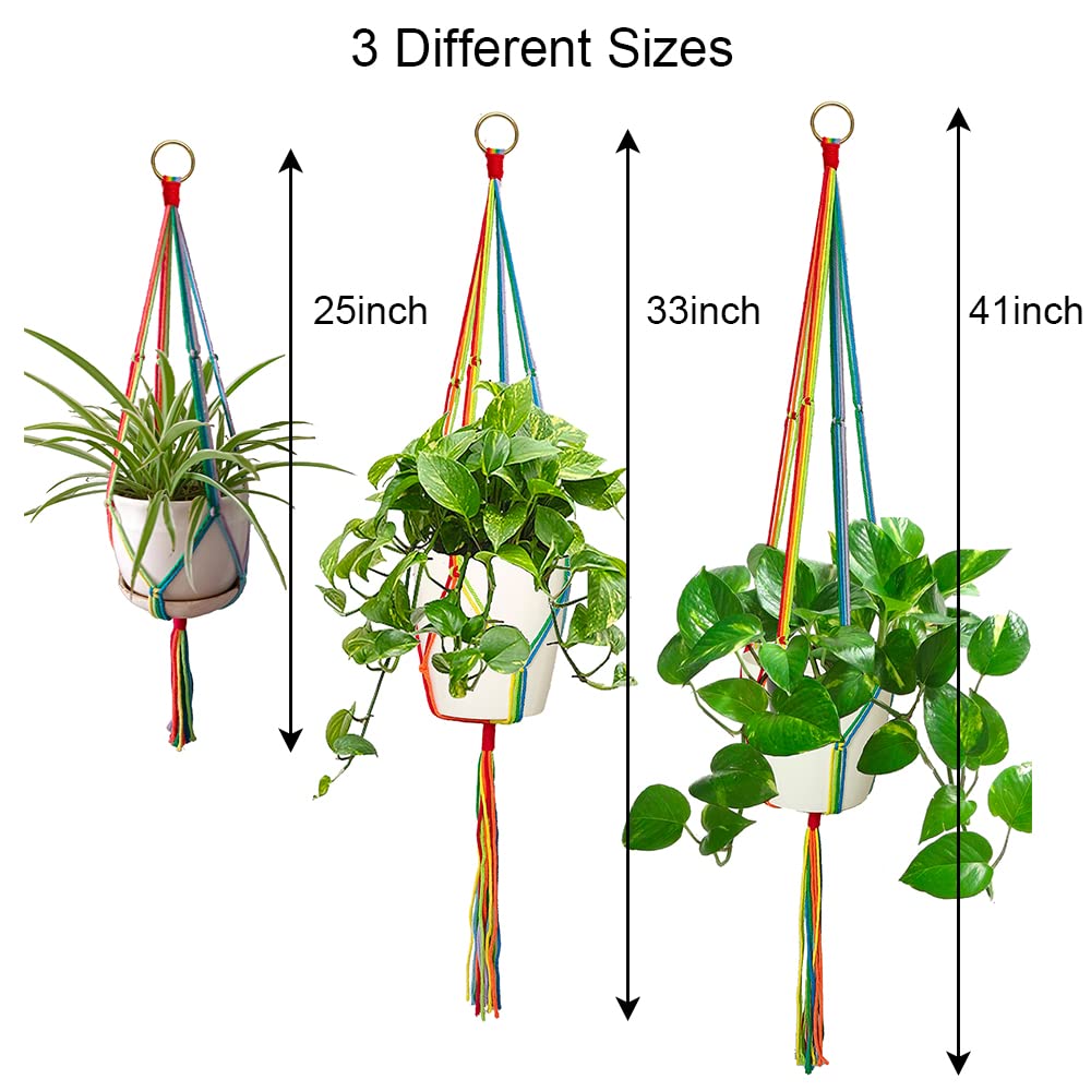 HOWMAX Rainbow Macrame Plant Hangers Indoor Outdoor, 3 Pack Different Size Flower Pot Holder Hanging Plant Holder for Windows Garden Boho Home Decor